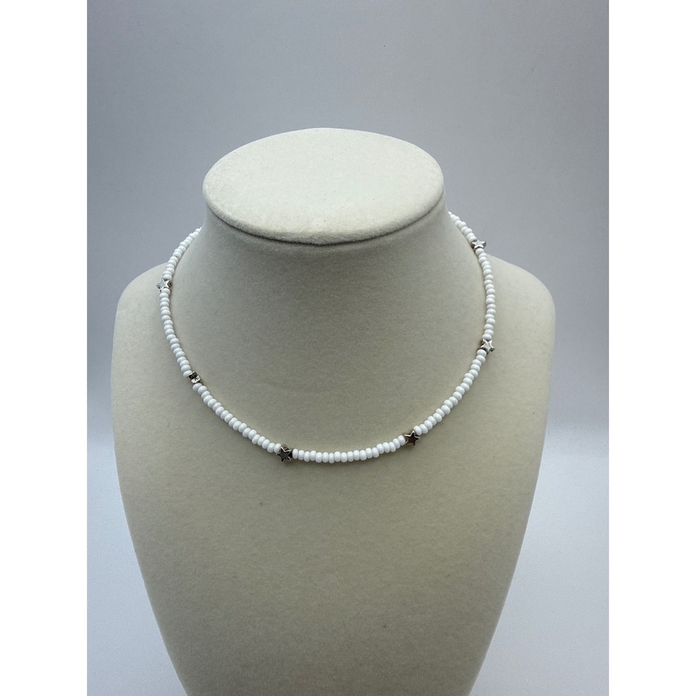 White Seed Bead Star Choker Necklace Silver Tone Celestial Adjustable 13-15.5in